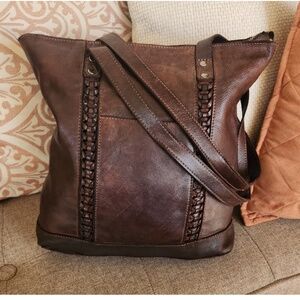 Vilenca Holland leather tote shopper in cognac brown with woven detail